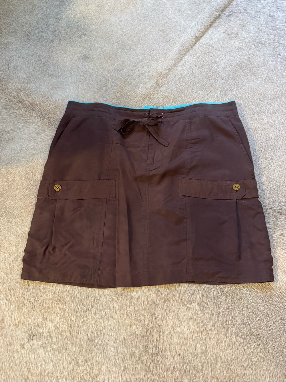 Tommy Hilfiger Silk Brown Cargo Mini Skirt with Turquoise Waist Trim